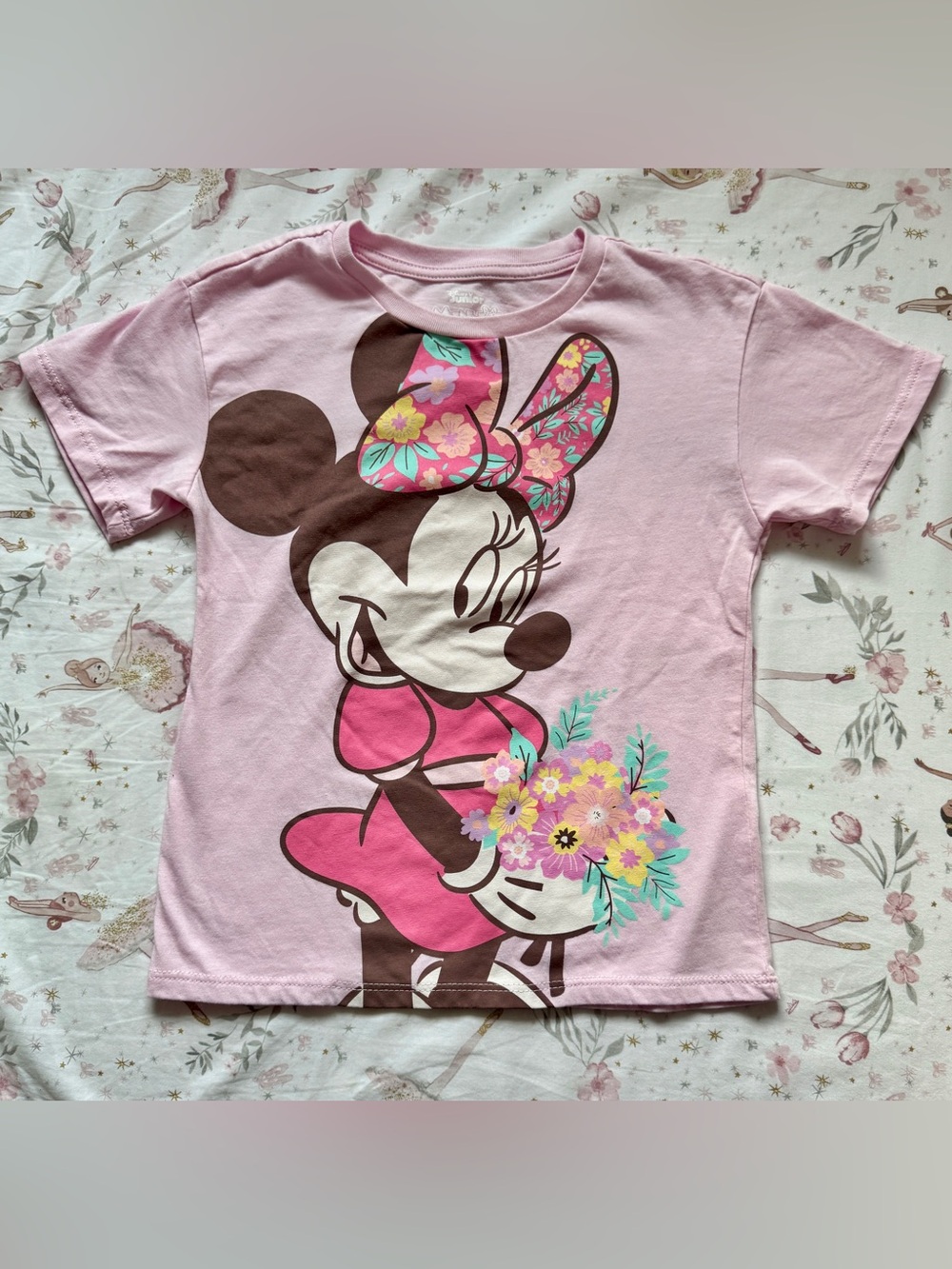 Disney Minnie Mouse Girls 5T Pink Floral Bow Graphic T Shirt Cotton Blend